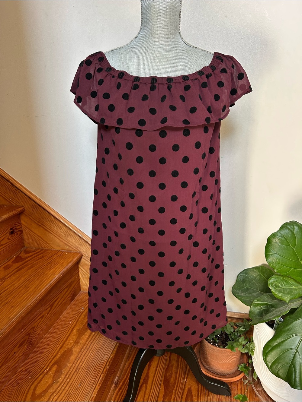 Burgundy Polka Dot Off-Shoulder Dress